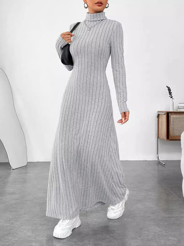 Ribbed Turtleneck Long Sleeve Maxi Knit Dress Gray - Fashorio