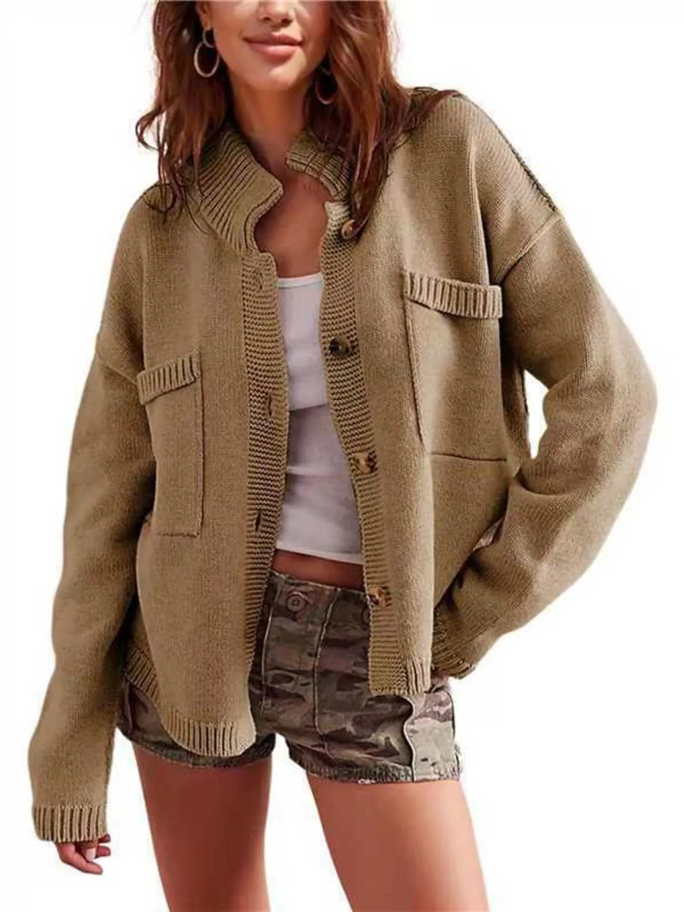 Ribbed Hem Button Up Cardigan Apricot - Fashorio