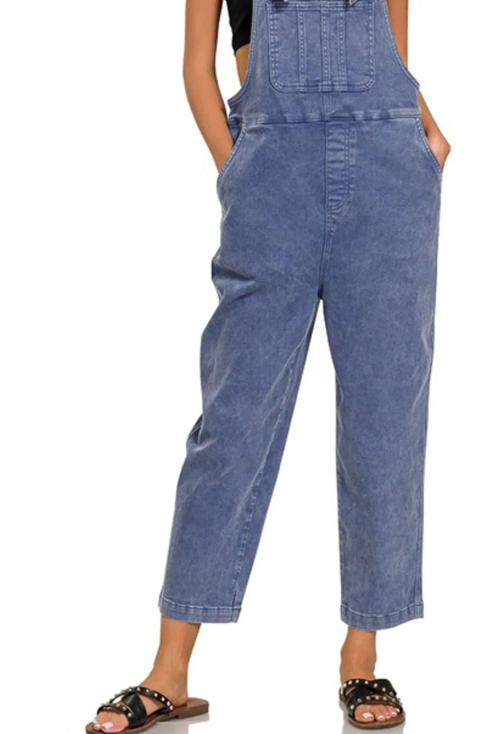 Zenana Washed Knot Strap Relaxed Fit Overalls - Fashorio