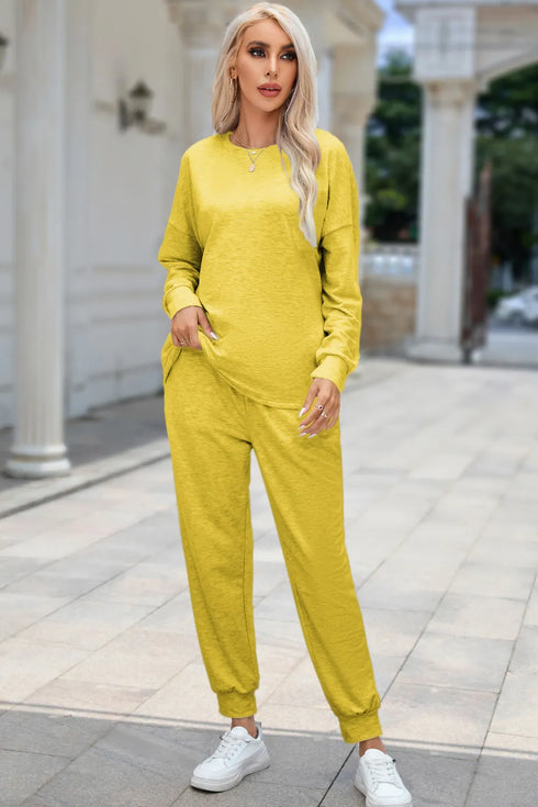 Round Neck Top and Drawstring Pants Lounge Set True Yellow - Fashorio