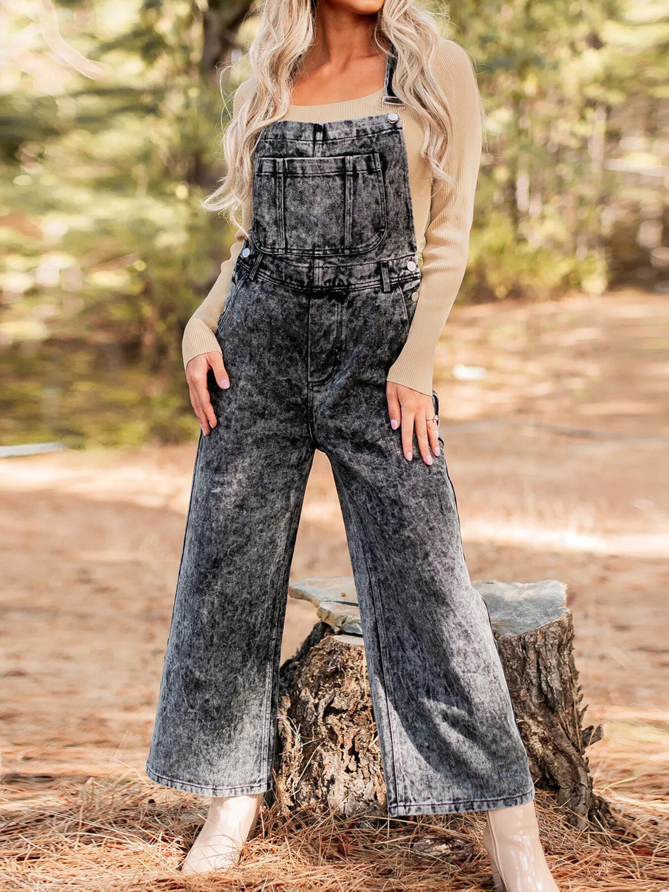 Vintage Washed Wide Leg Denim Overalls with Front Pockets Grey - Fashorio