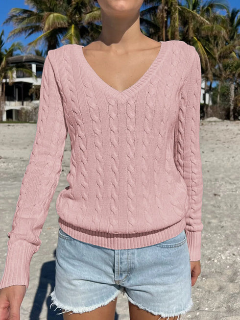 Cable Knit V-Neck Sweater Pink - Fashorio