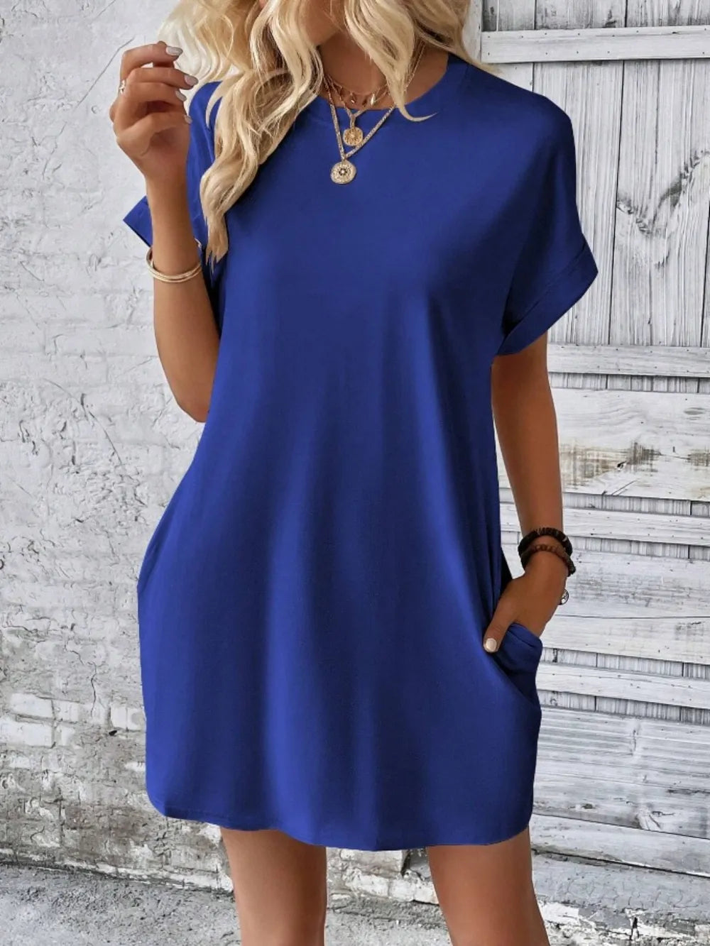 Casual Pocketed Short Sleeve Dress – Relaxed Everyday Comfort Dark Blue - Fashorio