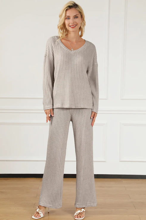 Ribbed V-Neck Top and Pants Lounge Set Light Gray - Fashorio