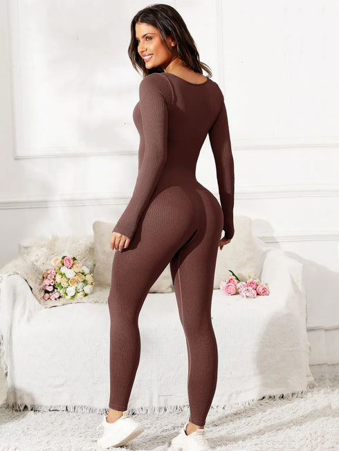 Scoop Neck Long Sleeve Active Jumpsuit - Fashorio