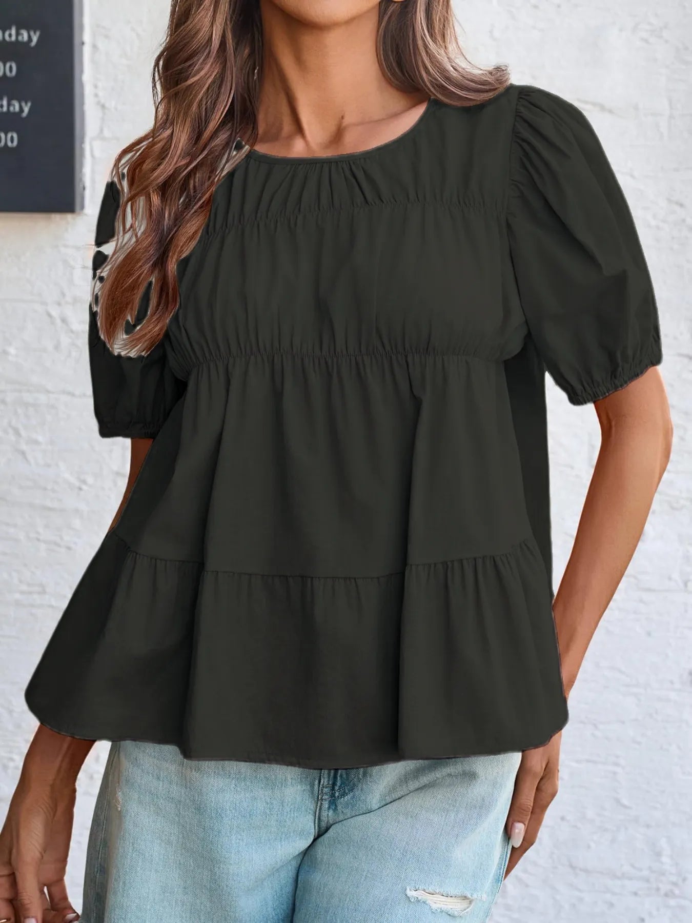 Tiered Round Neck Puff Sleeve Ruched Blouse Black - Fashorio