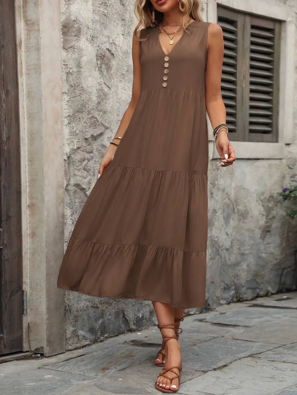 Ivy Lane Decorative Button Notched Sleeveless Dress - Fashorio