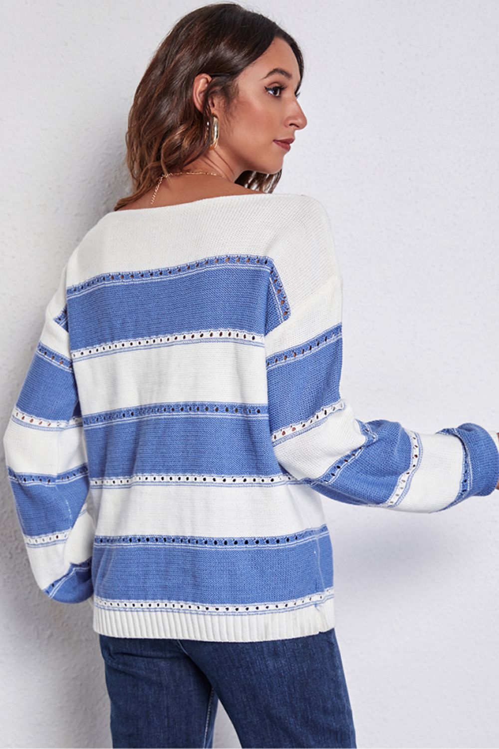 Striped Boat Neck Dropped Shoulder Sweater - Fashorio
