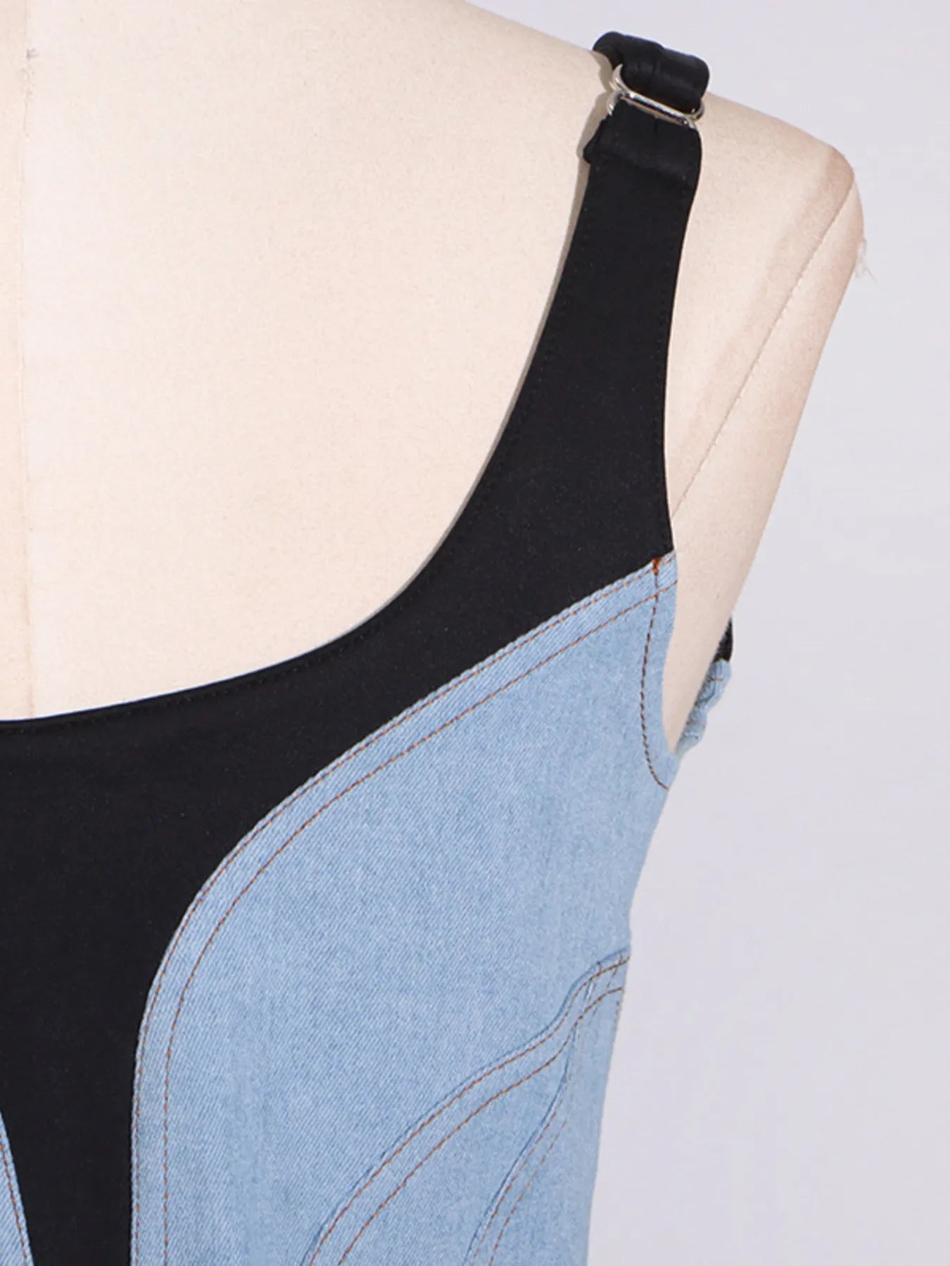 Contrast Adjustable Strap Denim Dress - Fashorio