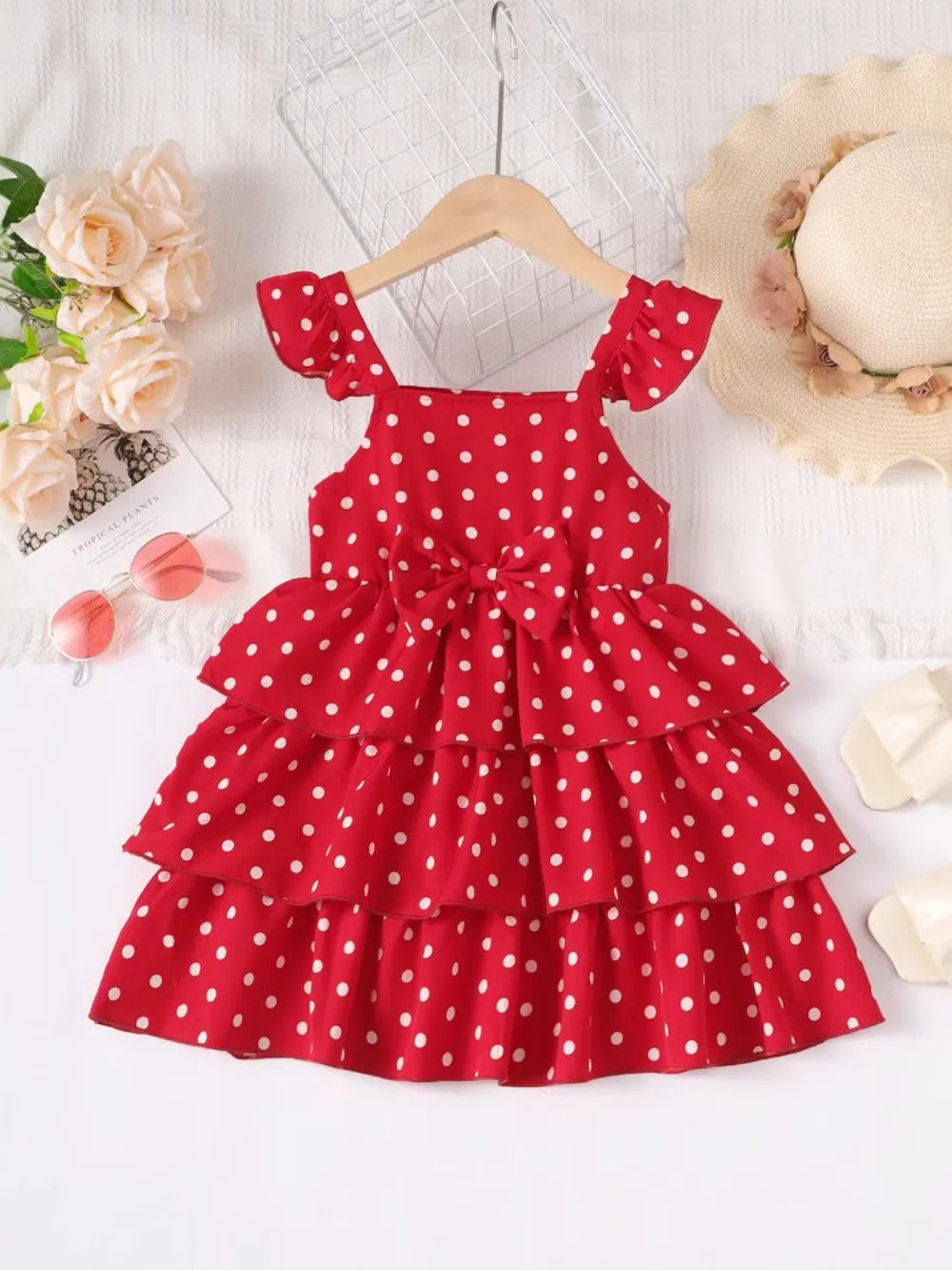 Bow Polka Dot Square Neck Layered Dress - Fashorio