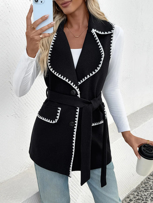 Contrast Trim Collared Neck Vest Coat - Fashorio