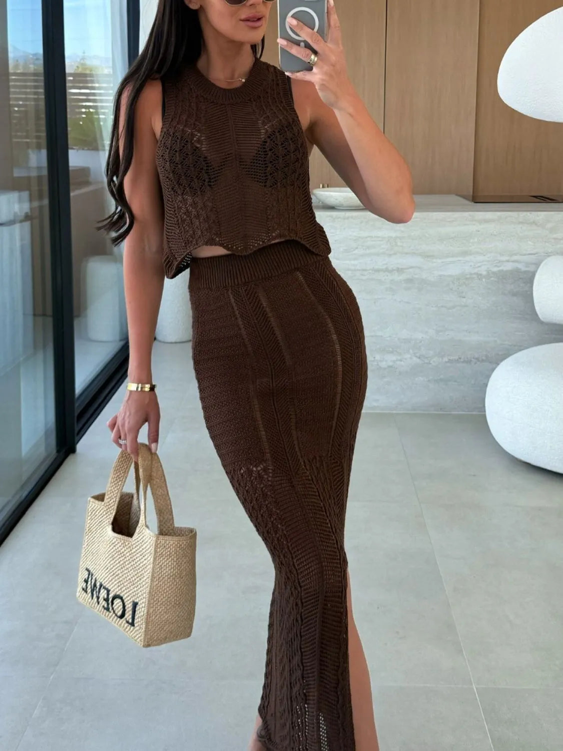 Openwork Round Neck Top and Slit Skirt Sweater Set - Fashorio