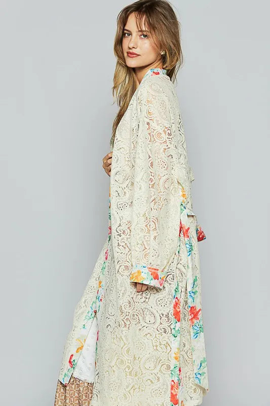 POL Floral Trim Lace Open Front Longline Cardigan - Fashorio