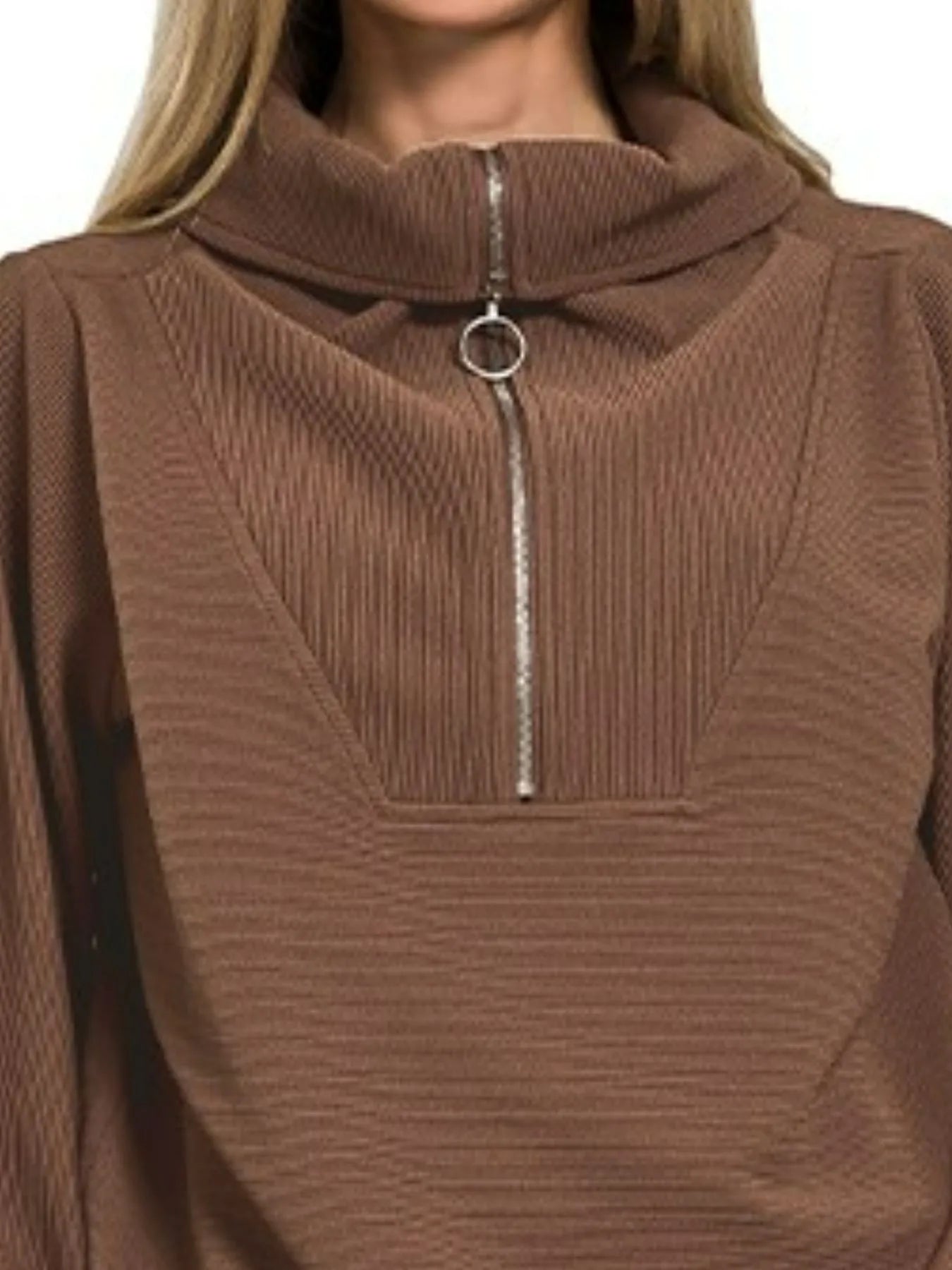 Zenana Ribbed High Neck Half Zip Pullover & Pants Set - Fashorio