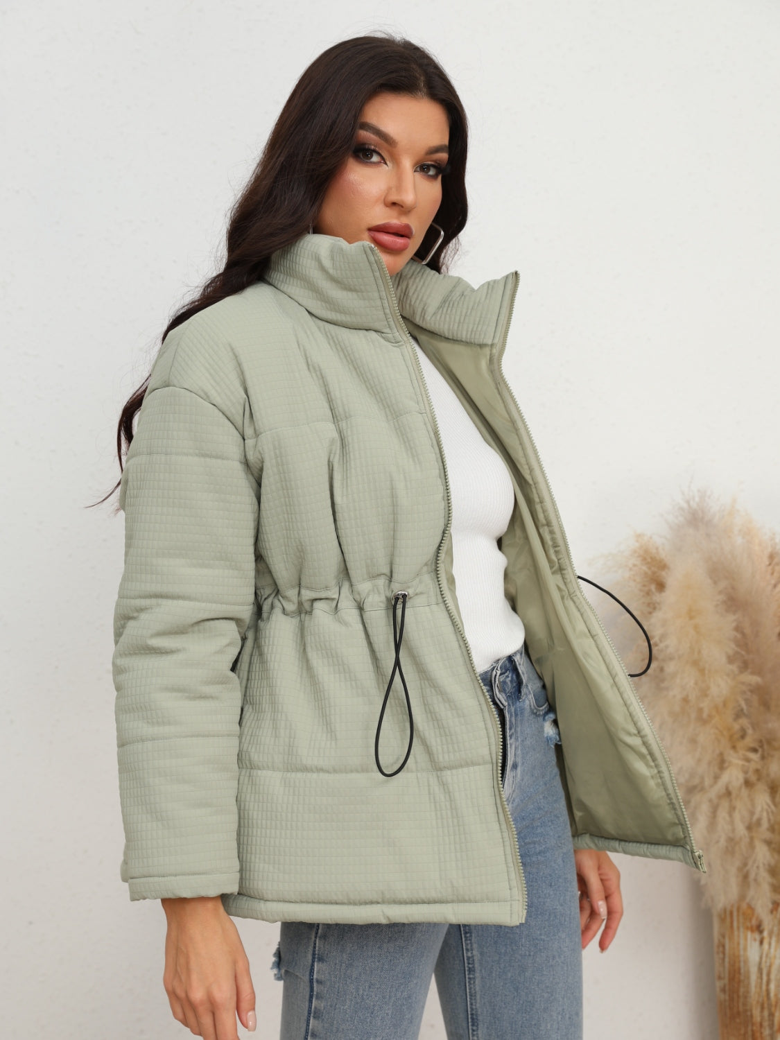 Drawstring Waist Zip-Up Puffer Jacket - Fashorio
