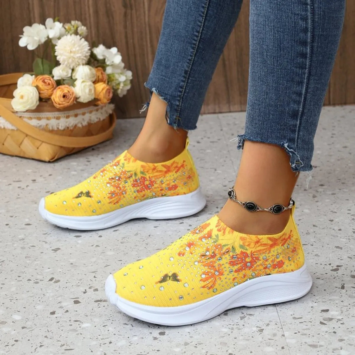 Rhinestone Floral Print Sneakers - Fashorio