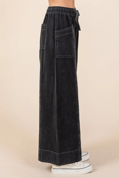 Mittoshop Mineral Wash Wide Leg Elastic Waist Twill Pants - Fashorio