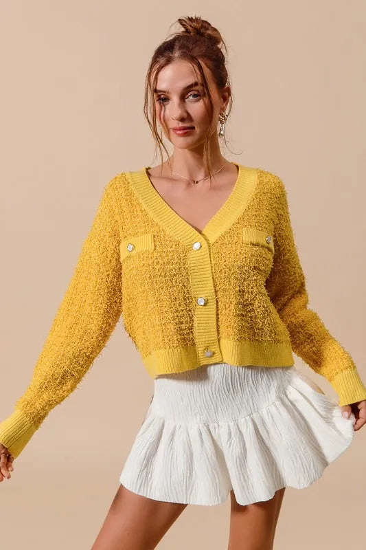 SO ME Frayed Tweed Knit Buttoned Front Cardigan - Fashorio