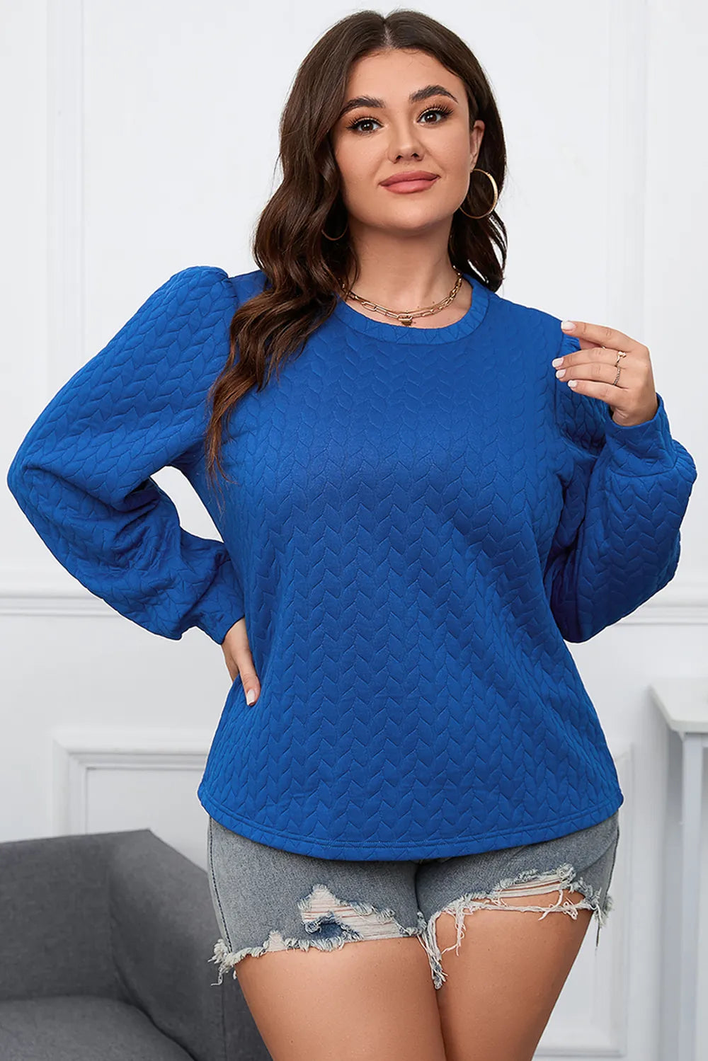Plus Size Textured Round Neck Long Sleeve Top Cobalt Blue - Fashorio
