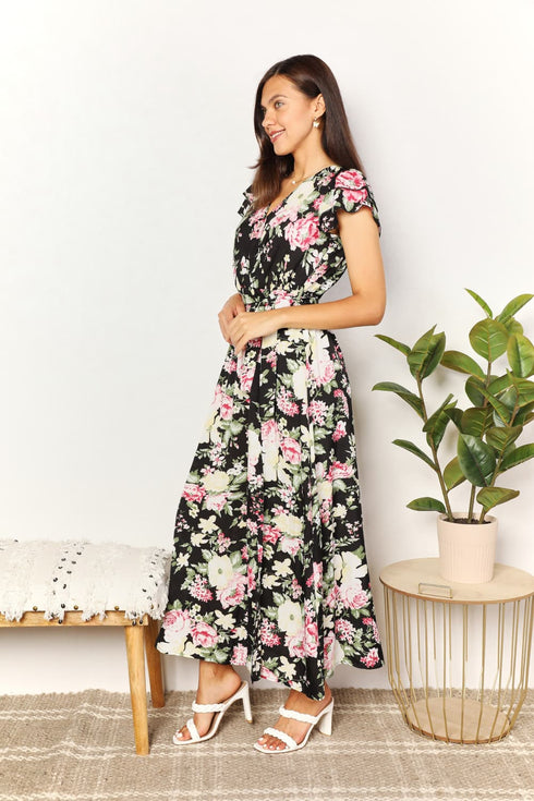 Perfee Floral Flutter Sleeve Tie-Waist Split Dress - Fashorio
