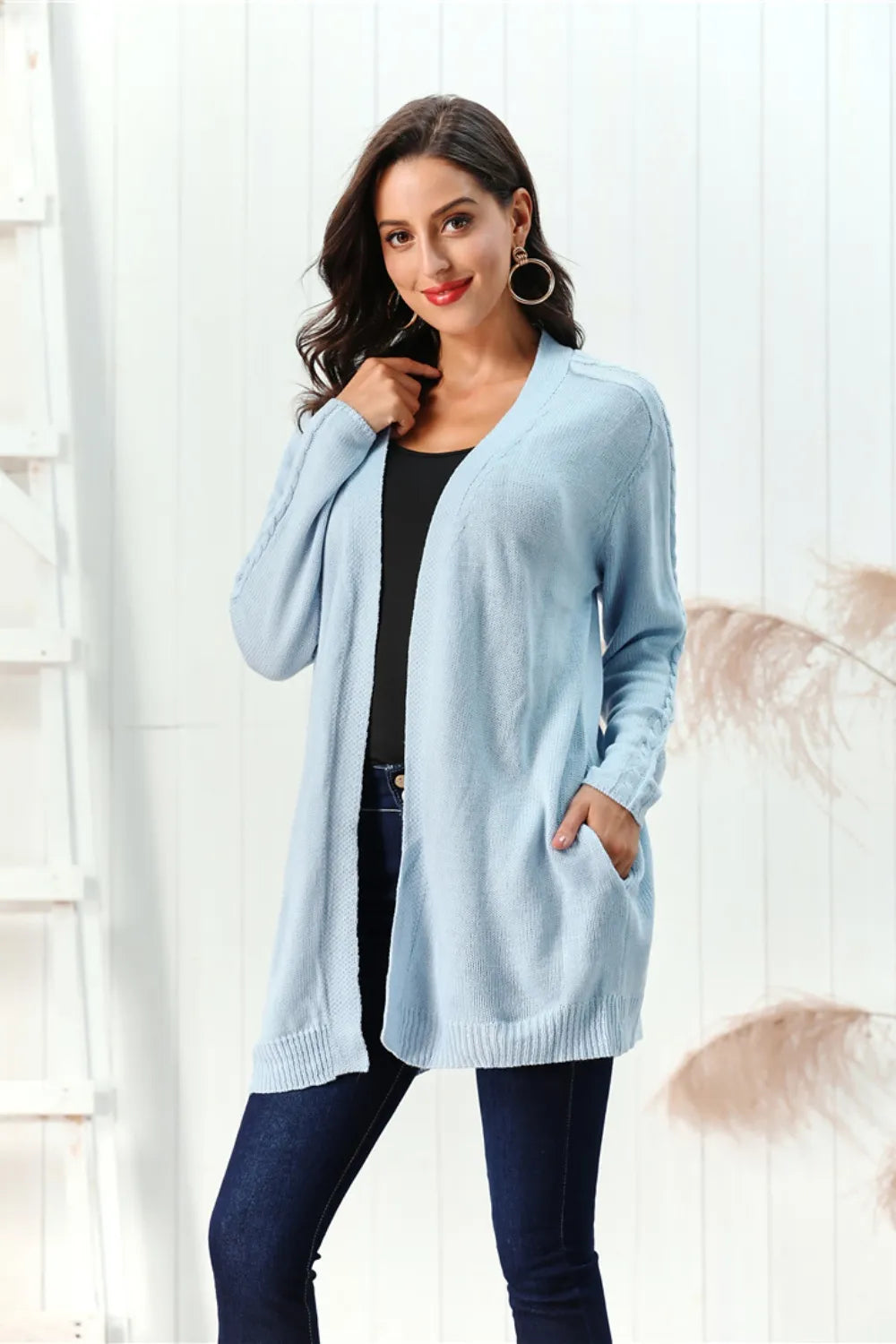 Cable-Knit Open Front Long Sleeve Cardigan - Fashorio