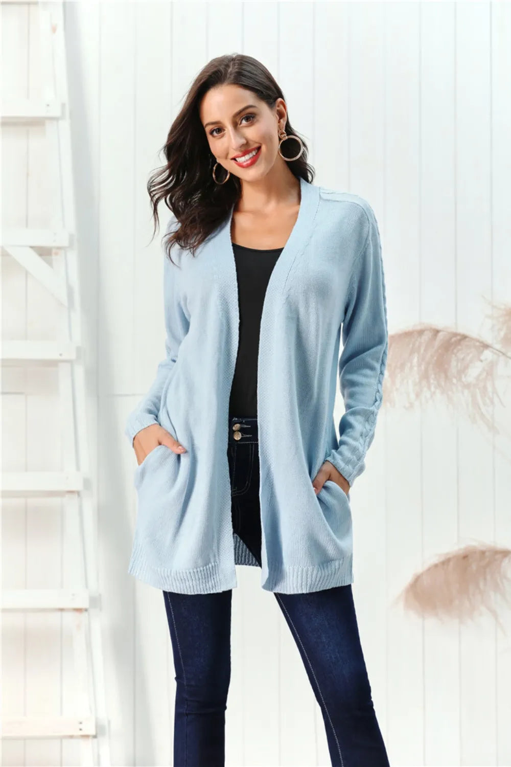 Cable-Knit Open Front Long Sleeve Cardigan - Fashorio