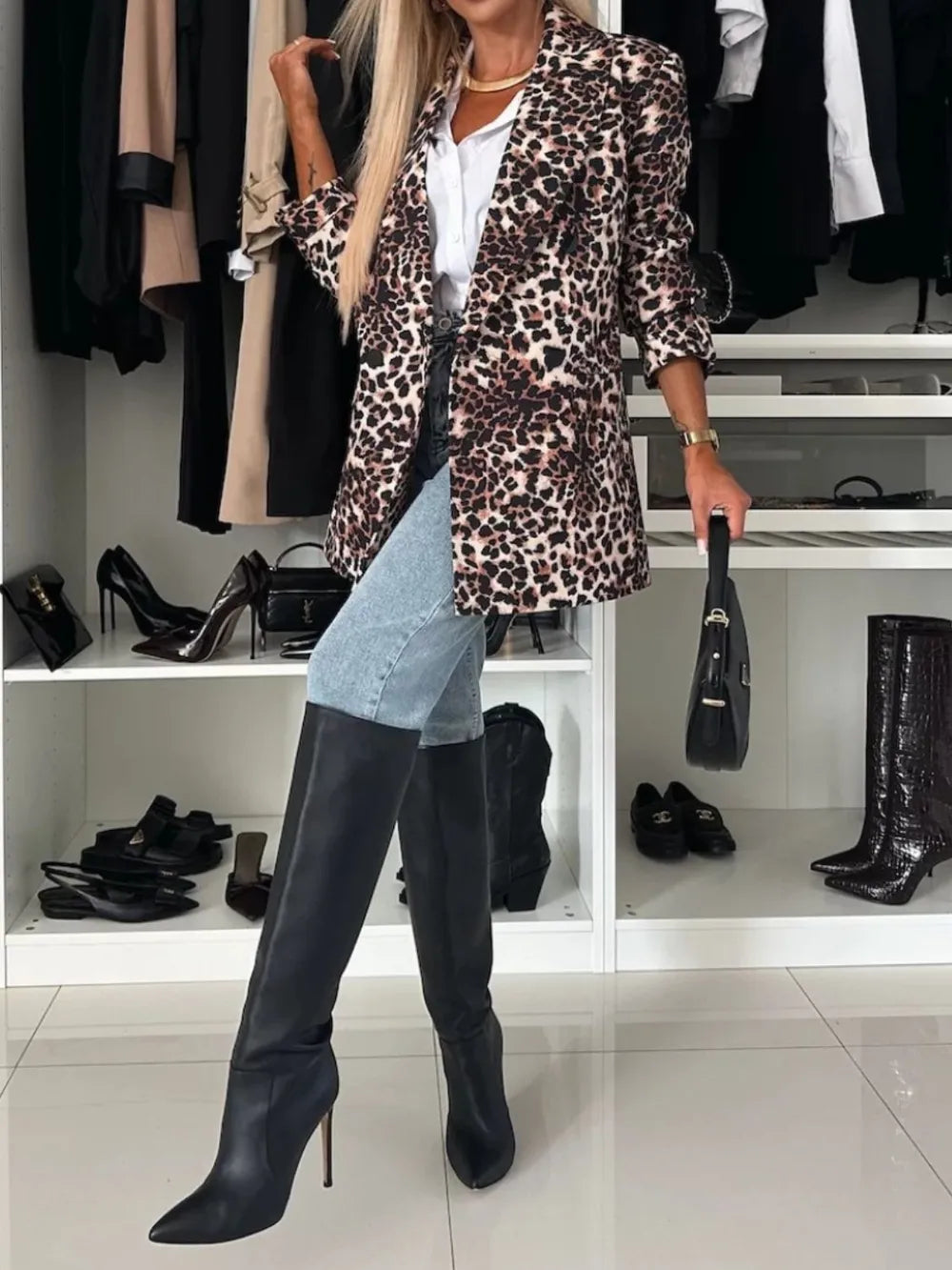 Animal Print Long Sleeve Blazer - Fashorio