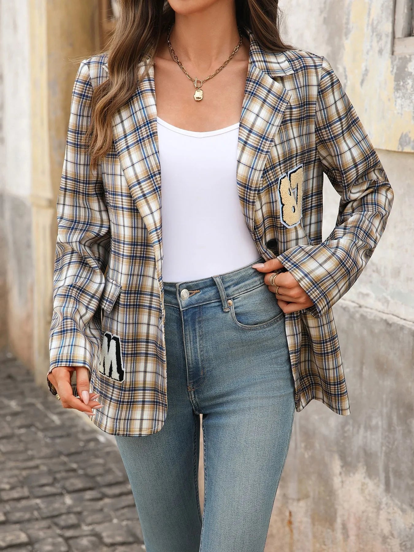 Number 87 Plaid Long Sleeve Blazer - Fashorio