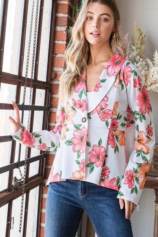 Heimish Full Size Multi Color Floral Blazers with Tunic Plus Size - Fashorio