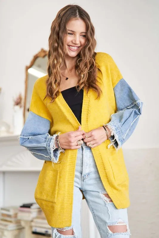 ADORA Full Size Frayed Denim Sleeve Sweater Cardigan Plus Size - Fashorio
