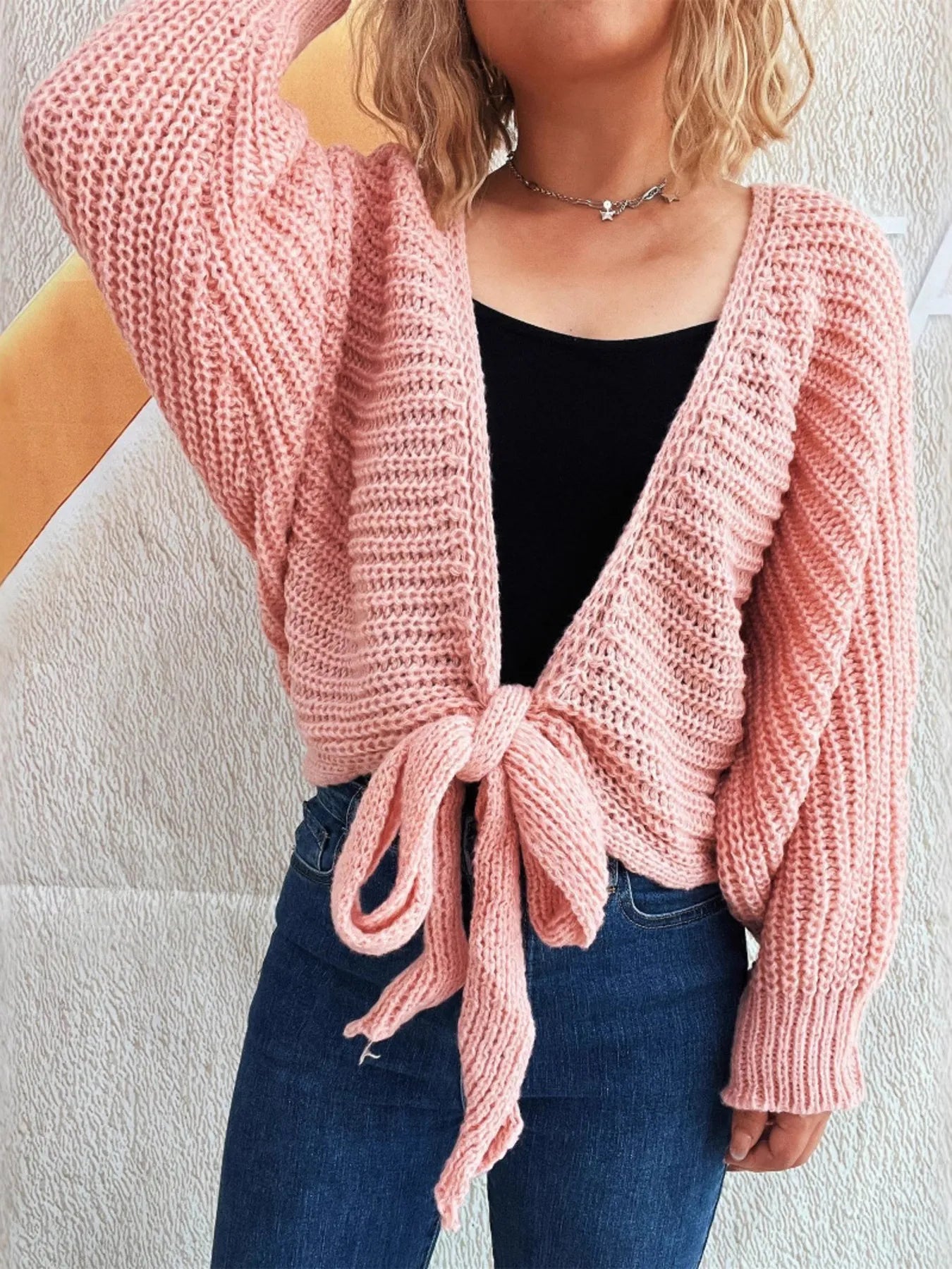 Tie Front Long Sleeve Cardigan - Fashorio