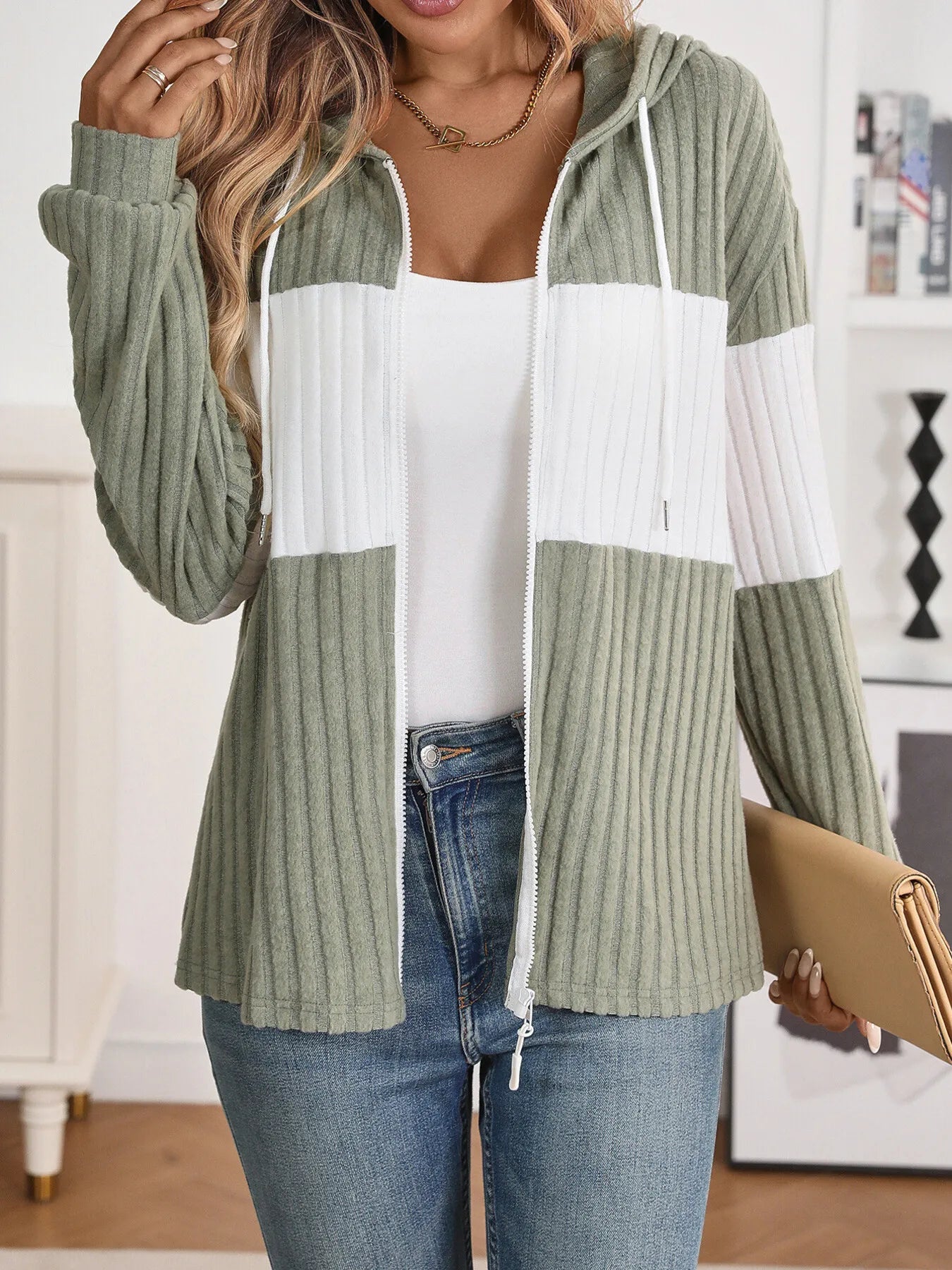 Drawstring Color Block Zip Up Outerwear - Fashorio