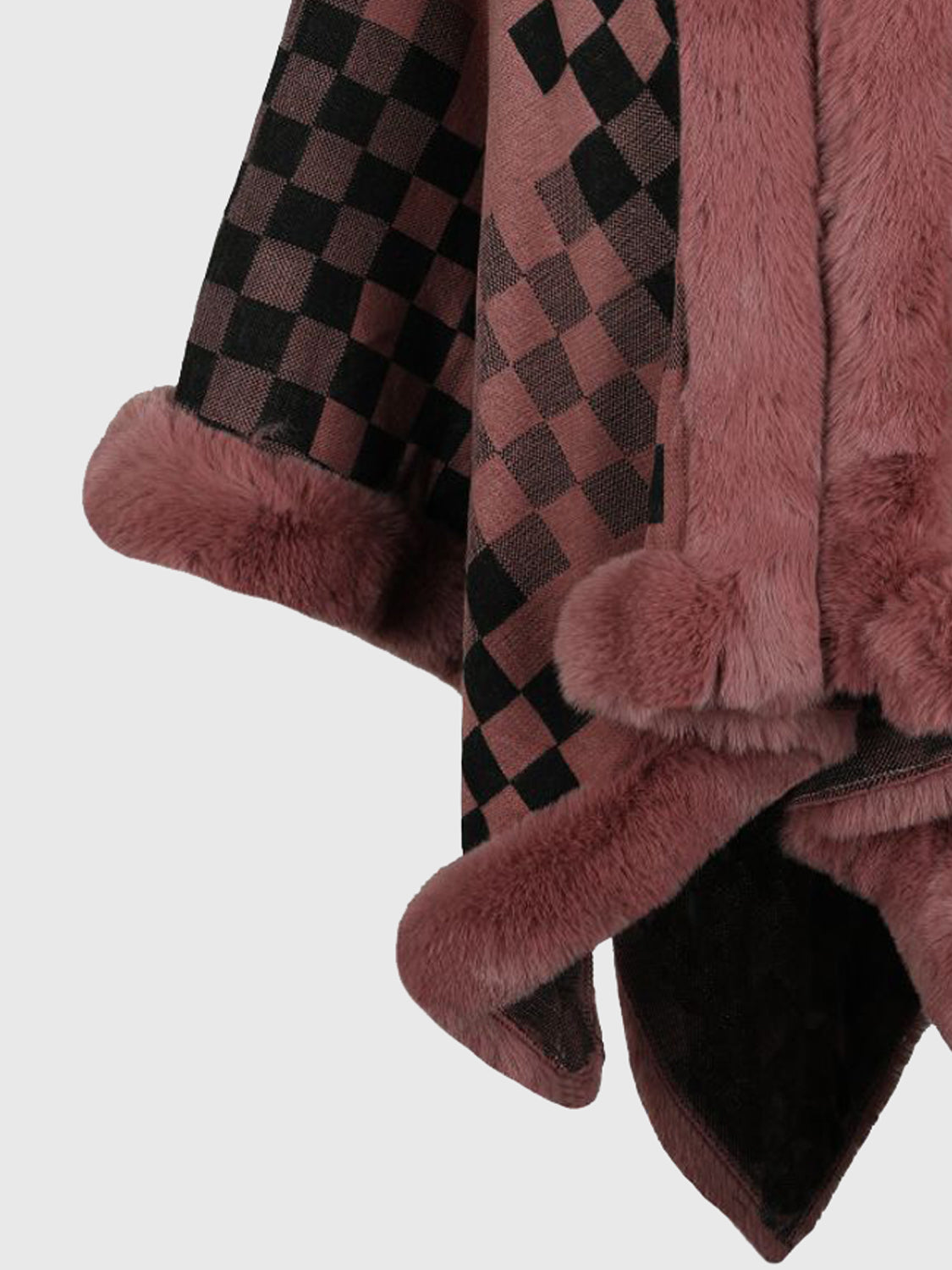 Checkered Faux Fur Trim Poncho - Fashorio