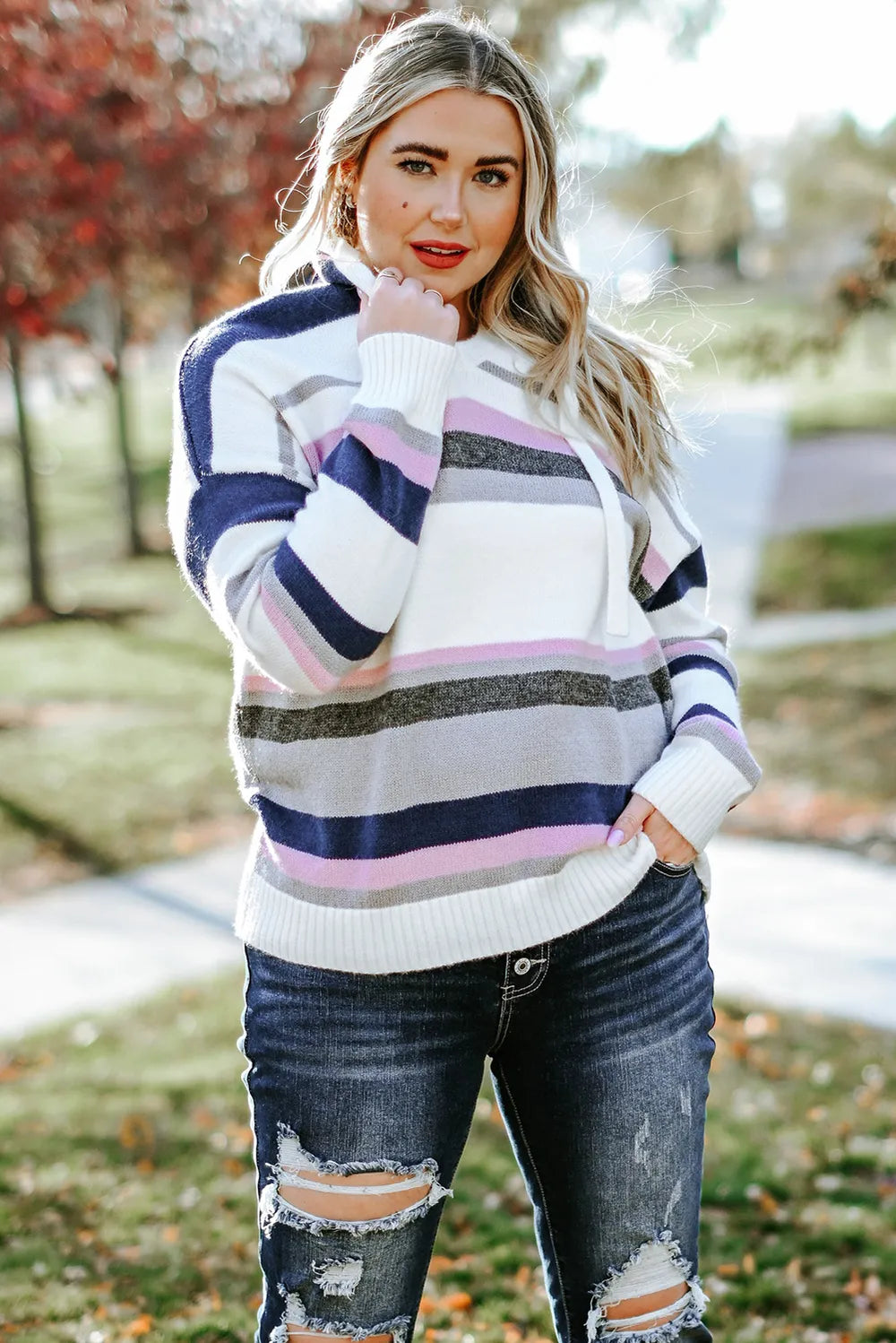 Plus Size Striped Long Sleeve Hooded Sweater - Fashorio