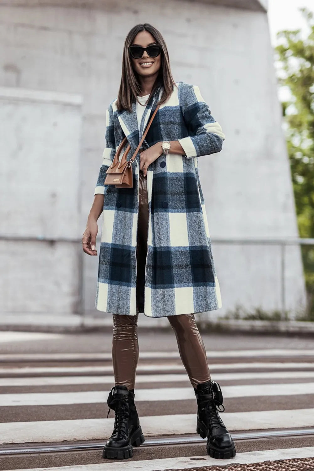 Double Take Full Size Plaid Button Up Lapel Collar Coat Peacock Blue - Fashorio