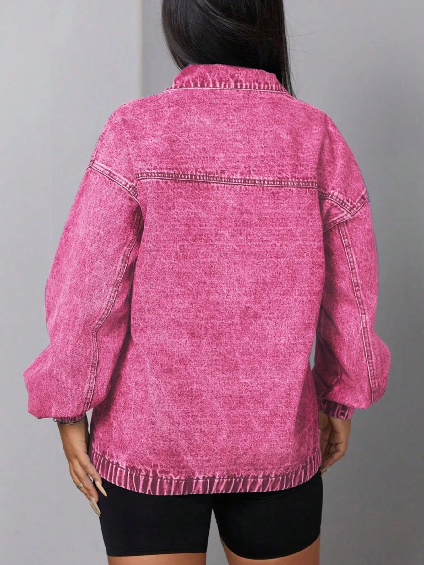 Zip Collar Long Sleeve Denim Top - Fashorio