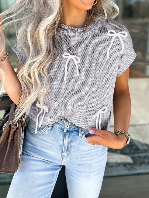Bow Round Neck Short Sleeve Sweater Gray - Fashorio