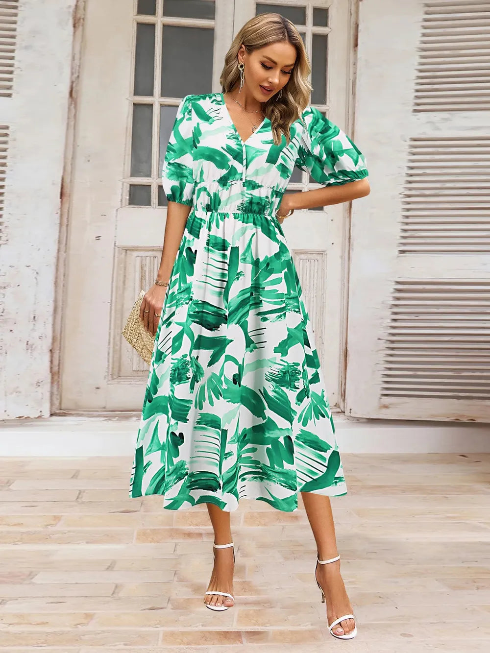 Ruched Printed Surplice Short Sleeve Dress - Fashorio
