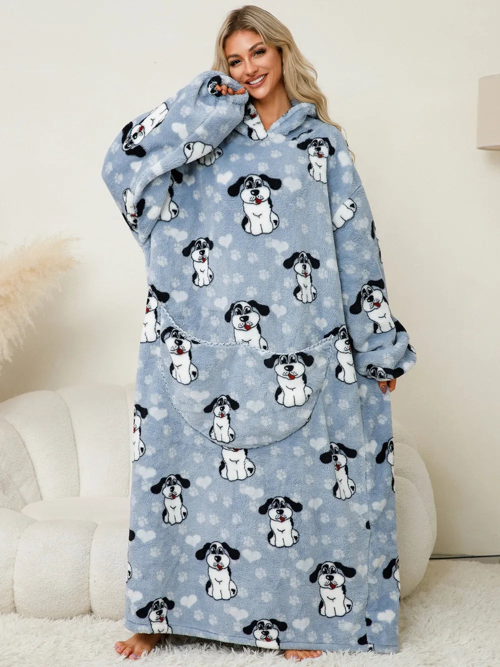 Fuzzy Pocketed Long Sleeve Hooded Lounge Dress - Fashorio