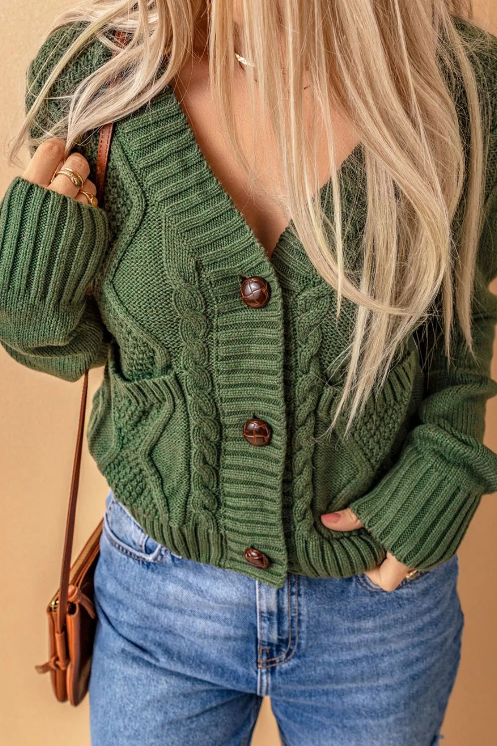 Cable-Knit Button Down V-Neck Cardigan - Fashorio