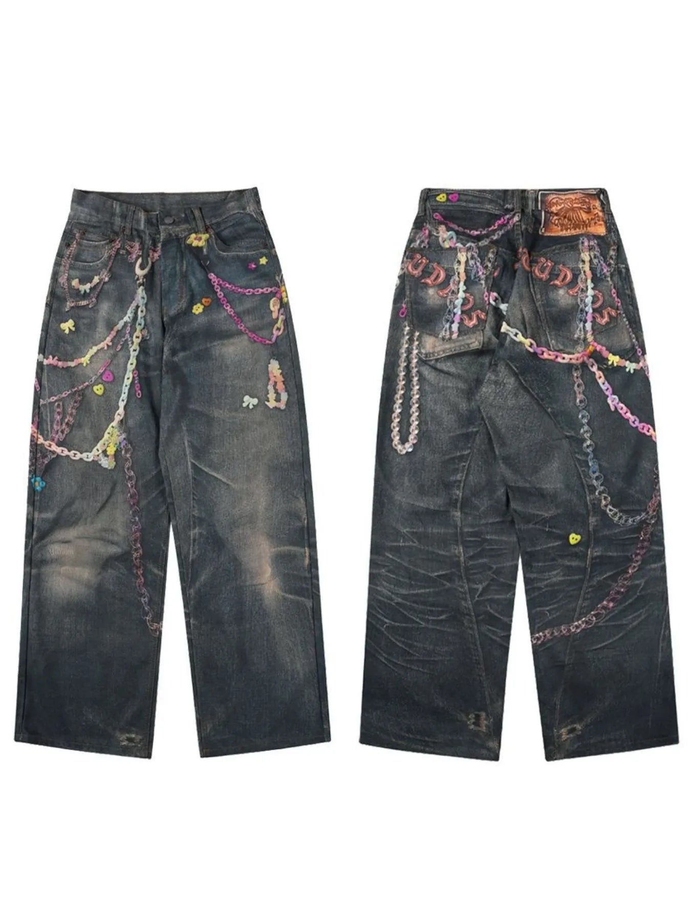 Men's Printed Washed Distressed Wide Leg Jeans - Fashorio