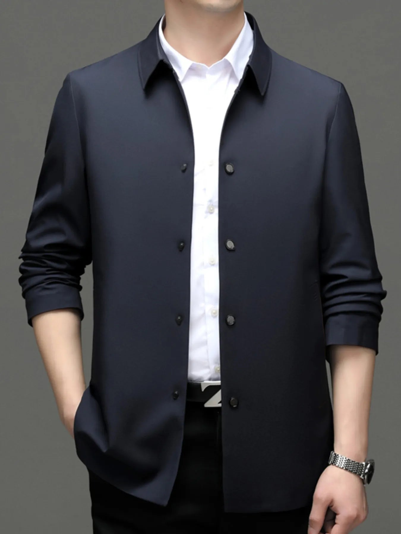Men's Plus Size Button Up Long Sleeve Jacket Navy Blue - Fashorio