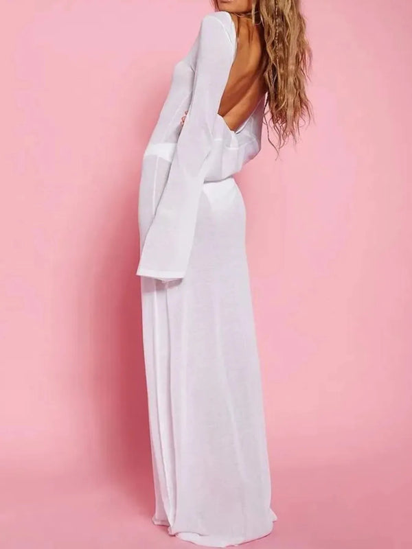 Backless Long Sleeve Maxi Cover-Up White - Fashorio