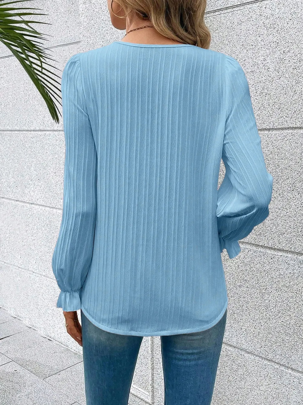 V-Neck Lace Detail Flounce Sleeve Blouse - Fashorio