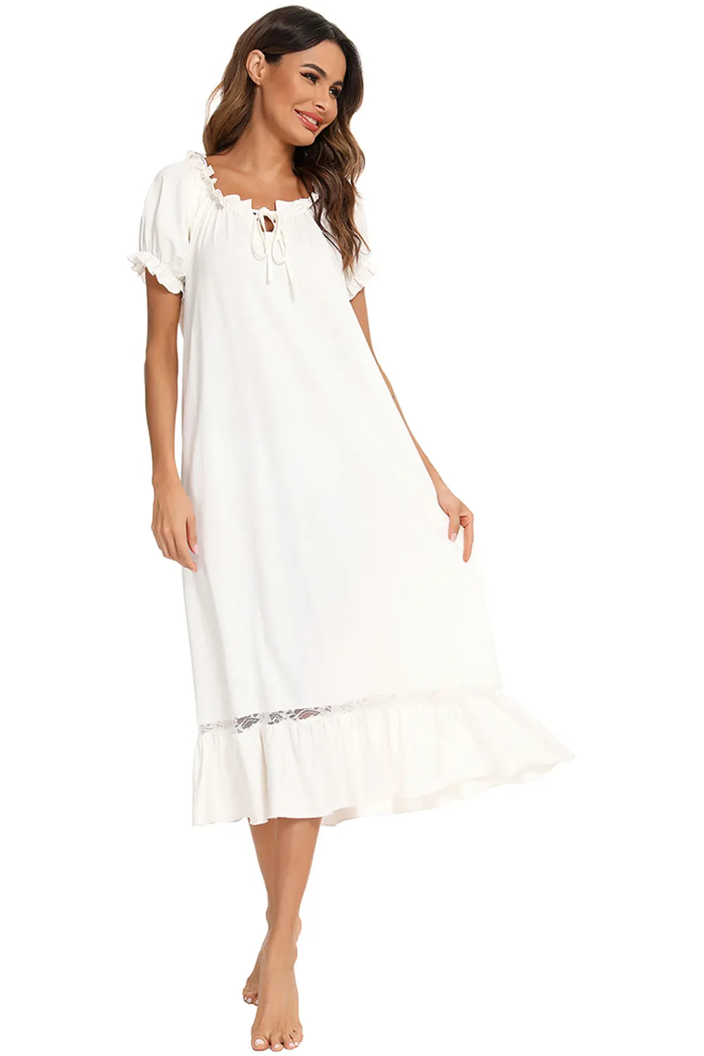 Lace Detail Short Sleeve Lounge Dress - Fashorio