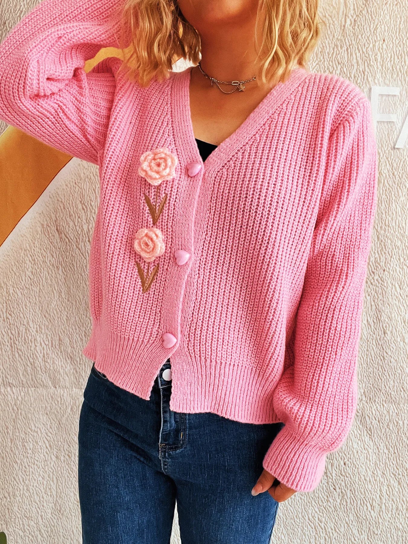 Flower V-Neck Button Up Cardigan - Fashorio