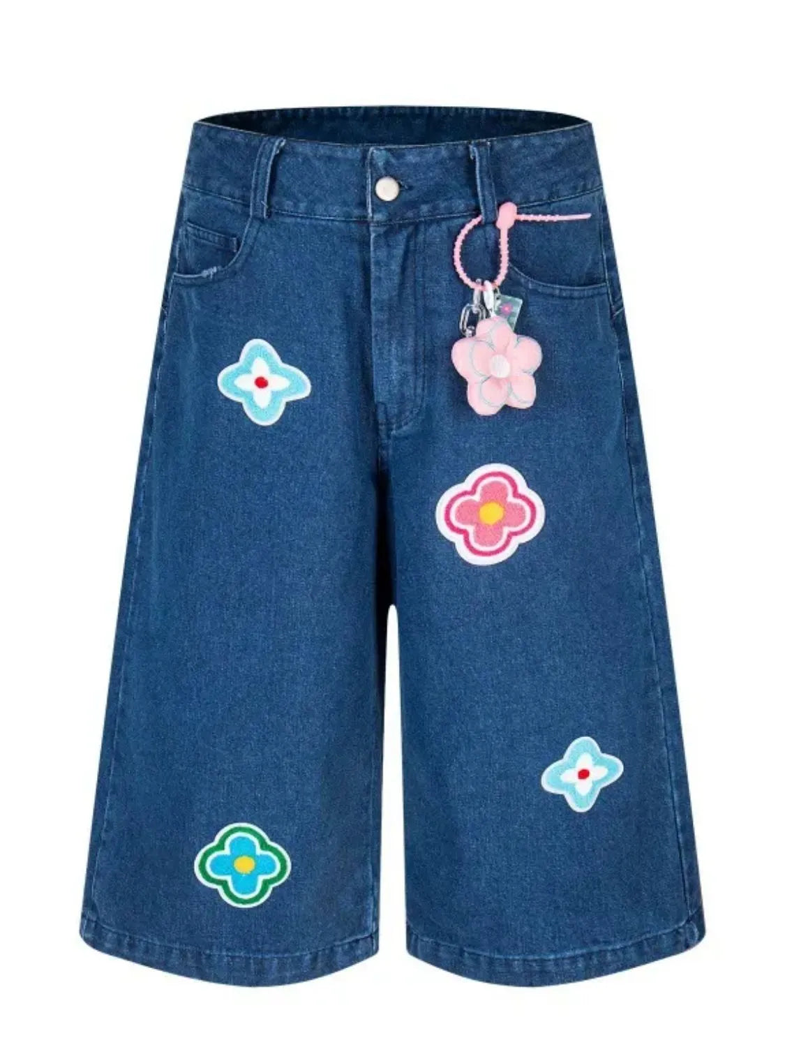 Men's Flower Patch Denim Shorts Nostalgic Dark Blue - Fashorio