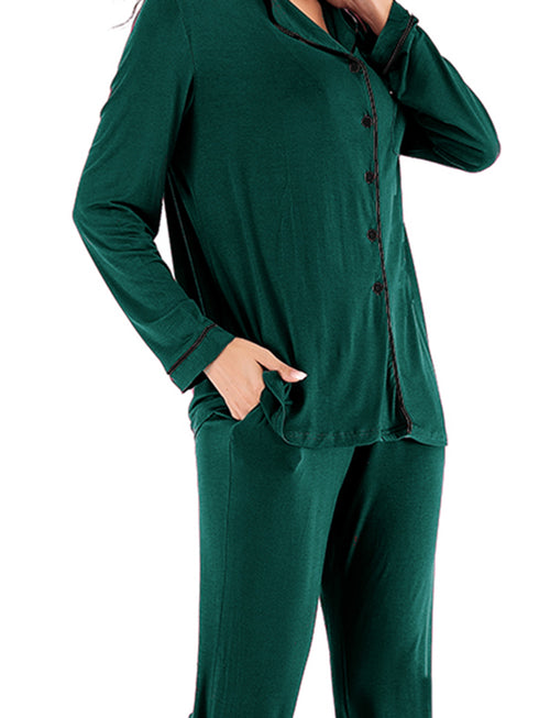 Collared Neck Long Sleeve Loungewear Set with Pockets - Fashorio