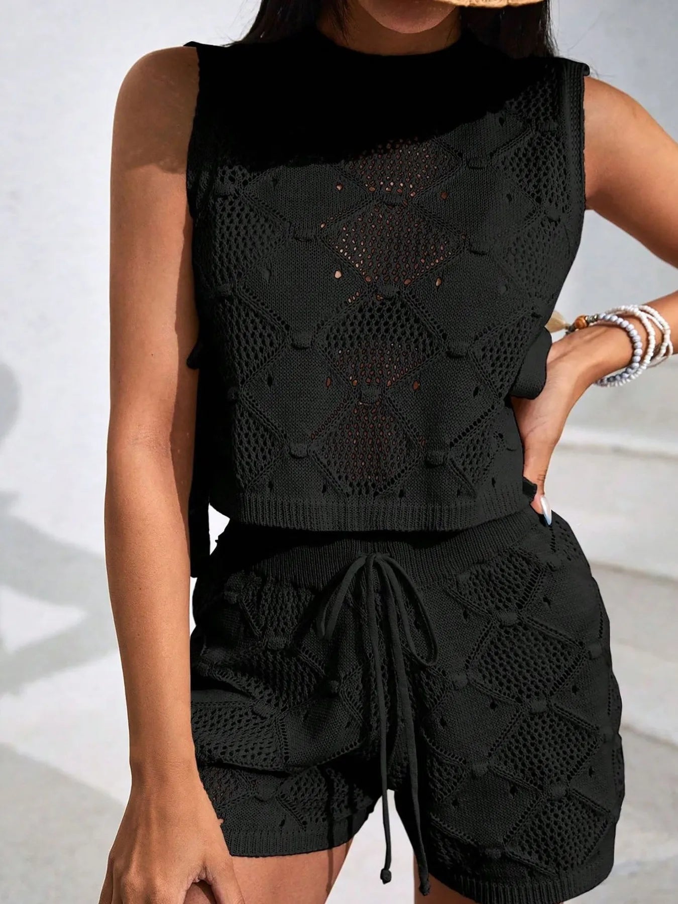 Diamond Pattern Sleeveless Top and Shorts Knit Set Black - Fashorio