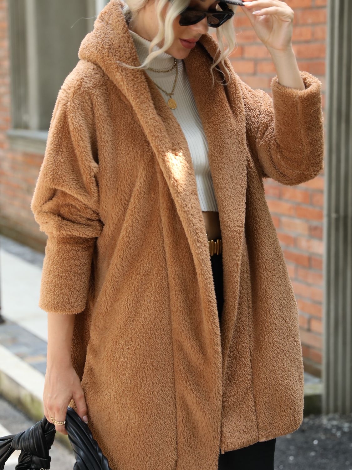 Open Front Hooded Teddy Coat - Fashorio